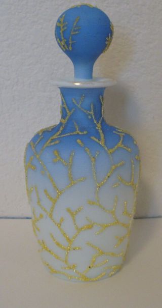Antique Victorian Blue & Gold Coralene Perfume Cologne Bottle W Stopper