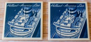 2 Holland American Line Tile Coasters Delft Blue White