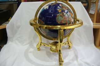 Semi Precious Gemstone Rotating World Globe On Brass Stand With Compass.