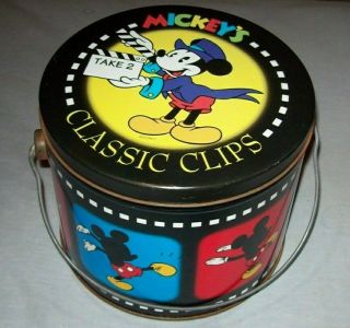 Vintage Mickey Mouse Walt Disney Cookie Tin Fancy Fun Bucket Classic Clips Film
