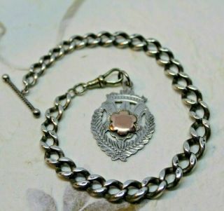 Antique/vintage Sterling Silver Single Albert Watch Chain & Silver Shield Fob
