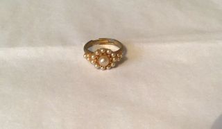 Vintage Faux Pearl Adjustable Dress Ring Gold Tone
