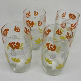 4 X Vintage Water Or Juice Glasses Orange Yellow White And Green Decorations