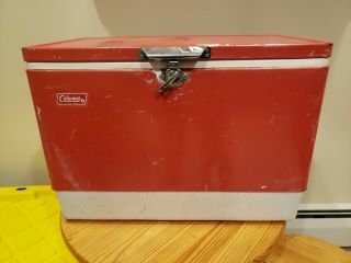 Vintage Large Coleman Red Metal Camping Cooler 70’s Ice Chest