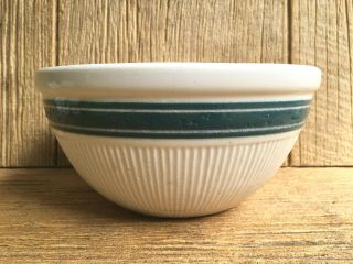 Vintage Antique Hull Usa Pottery Teal Stripe Cream Mixing Nesting Kitchen Bowl
