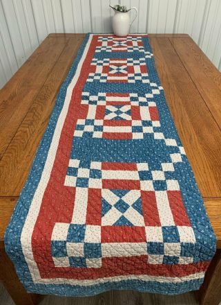 Americana Pa C 1890 - 1900 Patch Quilt Runner Pc Antique Red White Blue 81 "