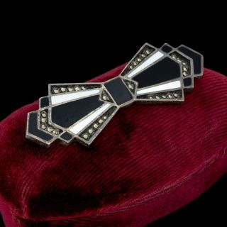 Antique Vintage Deco 925 Sterling Silver Onyx Mop Marcasite Pin Brooch 9.  5g