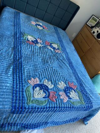 Vintage Blue Chenille Bedspread Twin Full