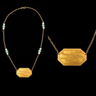 Vintage Antique French 1920s Copper Art Deco Die Struck Crystal Necklace Rare