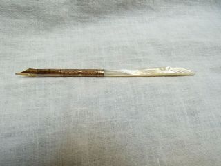 Antique Mother Of Pearl Carved Handle Dip Pen & Letter Opener 14k Gold Plate Nib