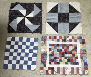 Four Vintage Quilt Squares Handmade Various Designs Estate Find Look