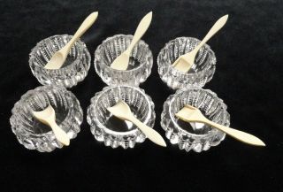 Antique Abp Cut Glass Set Of 6 Individual Octagonal Salt Dip Cellars & Spoons