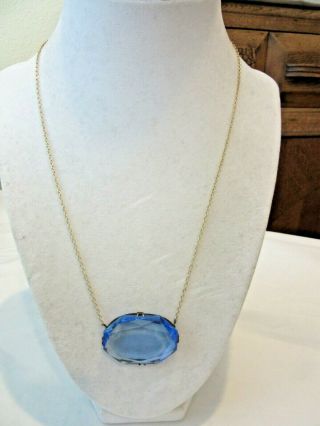 Vintage 18 " Gold Tone Chain Necklace With Large Blue Glass Pendant