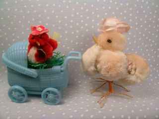 Vintage Easter Chenille Chicks Mom Baby Buggy Pompom Chickens Japan Decorations