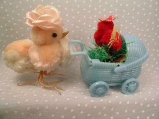 Vintage Easter Chenille Chicks Mom Baby Buggy PomPom Chickens Japan Decorations 2