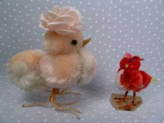 Vintage Easter Chenille Chicks Mom Baby Buggy PomPom Chickens Japan Decorations 3