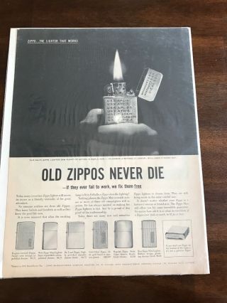 1959 Vintage Print Ad 10x14 " Zippo Lighter World War Ii Old Zippos Never Die