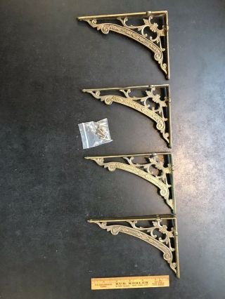 Handsome Set Of 4 Brass Ornate Design Shelf Brackets Pair 5” X 6 3/4”