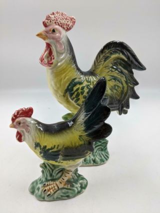 Vintage Hand - Painted Ceramic Rooster And Hen Pair Made In Japan