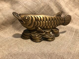 Vintage Feng Shui Brass Fish With Coin In Mouth Sitting On Coins - Symbol Wealth