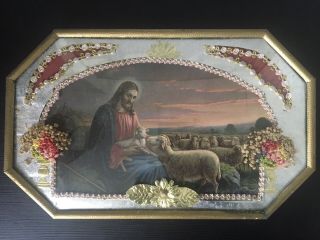 Antique Jesus Shepherd Lamb Sheep Religious 3d Art Tin/gold Framed Convex Glass