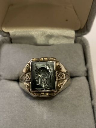Antique Sterling Silver & Solid 10k Gold Intaglio Carved Soldier Ring Sz 9.  5 Nr