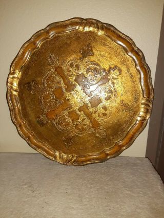 Antique Vintage Italian Florentine Orange Gold Decorative Round Tray 15 "