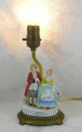 Vintage Porcelain Figurine with cast metal base boudoir table lamp 2