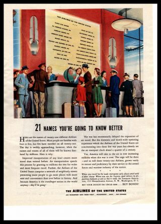 1943 Airlines Of The United States Airport Check - In Counter Lobby Color Print Ad