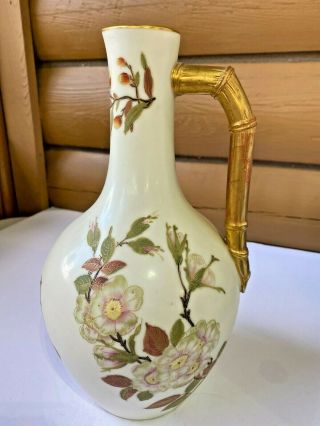 Antique 1890 Royal Worcester Floral Vase Bamboo Handle Gold Paint Moriage