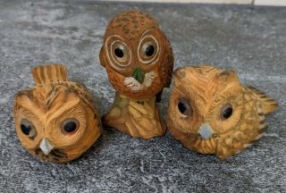 Vintage Set Of 3 Wooden Owls,  Owlets,  Family Owls,  Hand Carved Painted Folk Art
