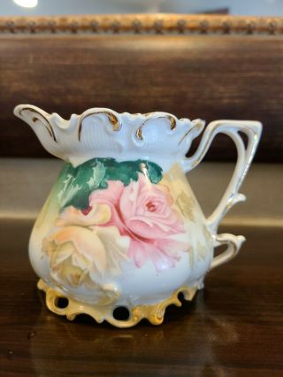 R.  S.  Prussia Red Mark Creamer Pink And Yellow Roses Antique.
