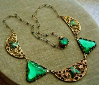 Antique Art Deco Green Vauxhall Mirror Glass Filigree Enamel Necklace