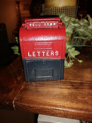 Vintage John Wright Mail Box Letters Cast Iron Still Bank,  Red & Blue