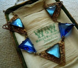 Antique Art Deco Blue Vauxhall Mirror Glass Filigree Bezel Set Necklace
