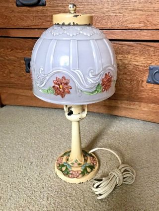 Aladdin Antique 1920’s Era Boudoir Lamp Reverse Painted Shade Cast Iron Sm Table
