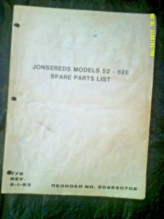 Vintage 1983 Jonsereds Models 52 / 52e Chainsaws Spare Parts List