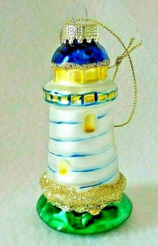 Vintage Hand Painted Blown Glass Lighthouse Christmas Ornament 3 - 3/4 "