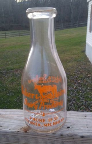 Vintage Baker & Son Dairy One Quart Milk Bottle Atlanta,  Mi Cap