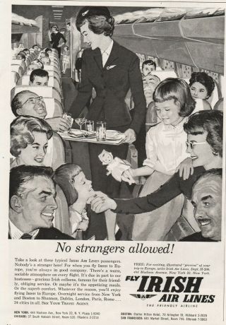 1960 Aer Lingus Irish Airlines Stewardess Art No Strangers Allowed Vintage Ad
