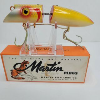 Vintage Glass Eyes Wood Martin Fish Lure Jointed 5j - 13 Yellow Silver Scale W/b