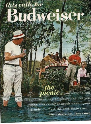 1963 Budweiser Beer At A Picnic Man Wading In Water Vintage Print Ad