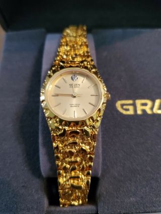 Vintage Gruen Gold Nugget Quartz Diamond Watch Womens Wristwatch Vgc Bat (16