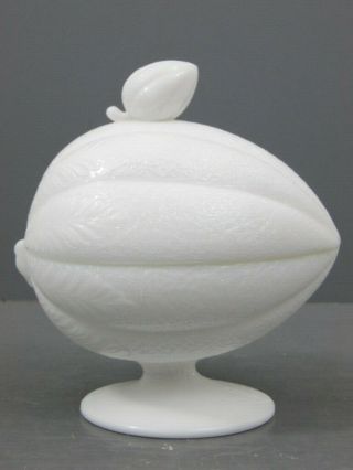 Antique Milk Glass Atterbury Patented Melon & Leaf Sugar Covered Dish Circa 1878