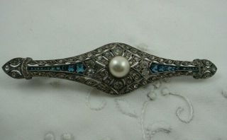 Vintage Art Deco Glass,  Sapphire & Pearl Bar Pin Brooch 3 " Long