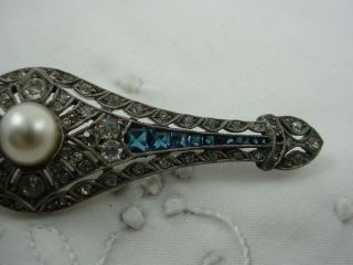 Vintage Art Deco Glass,  Sapphire & Pearl Bar Pin Brooch 3 