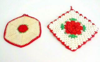 Two Vintage Hand Crocheted Red White Beige Green Hot Pads Pot Holders Trivets