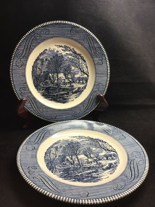 Pair Vtg Royal China Blue Currier And Ives “old Grist Mill” Dinner Plates 10 "