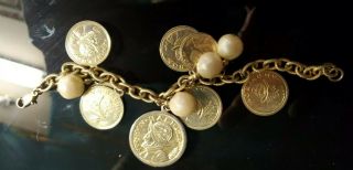 Vintage Vn Balboa Spanish Faux Coin Treasure Bracelet Gold Tone Sail Ship 7 Inch