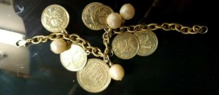 Vintage VN BALBOA Spanish faux coin treasure bracelet Gold Tone Sail Ship 7 inch 2